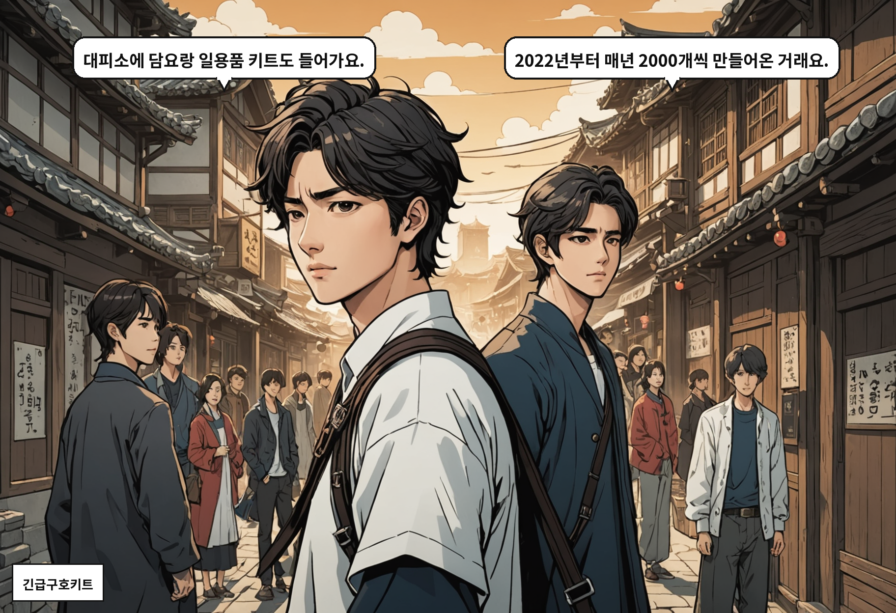 A: 대피소에 담요랑 일용품 키트도 들어가요. B: 2022년부터 매년 2000개씩 만들어온 거래요.