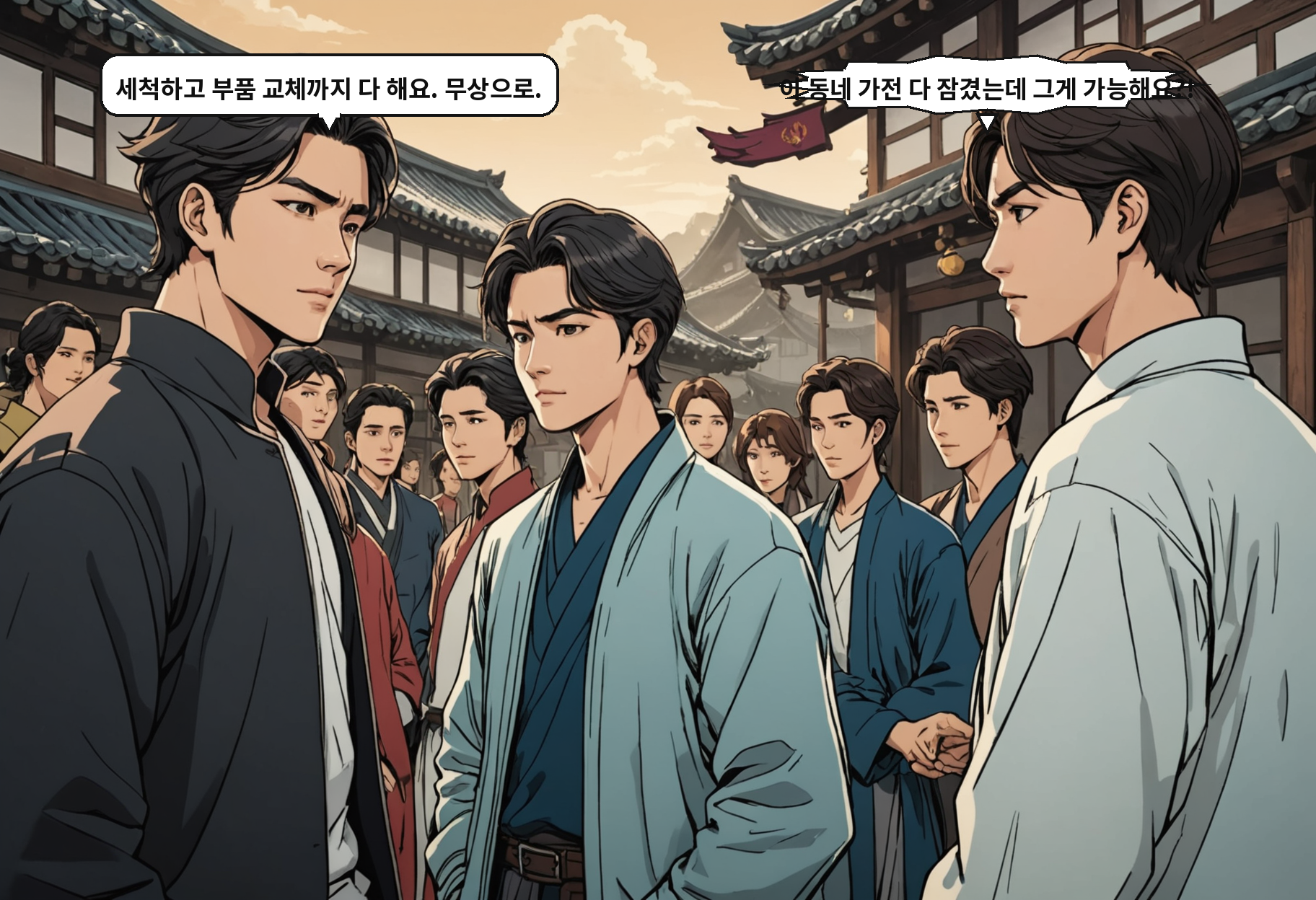 B: 세척하고 부품 교체까지 다 해요. 무상으로. A: 이 동네 가전 다 잠겼는데 그게 가능해요?!