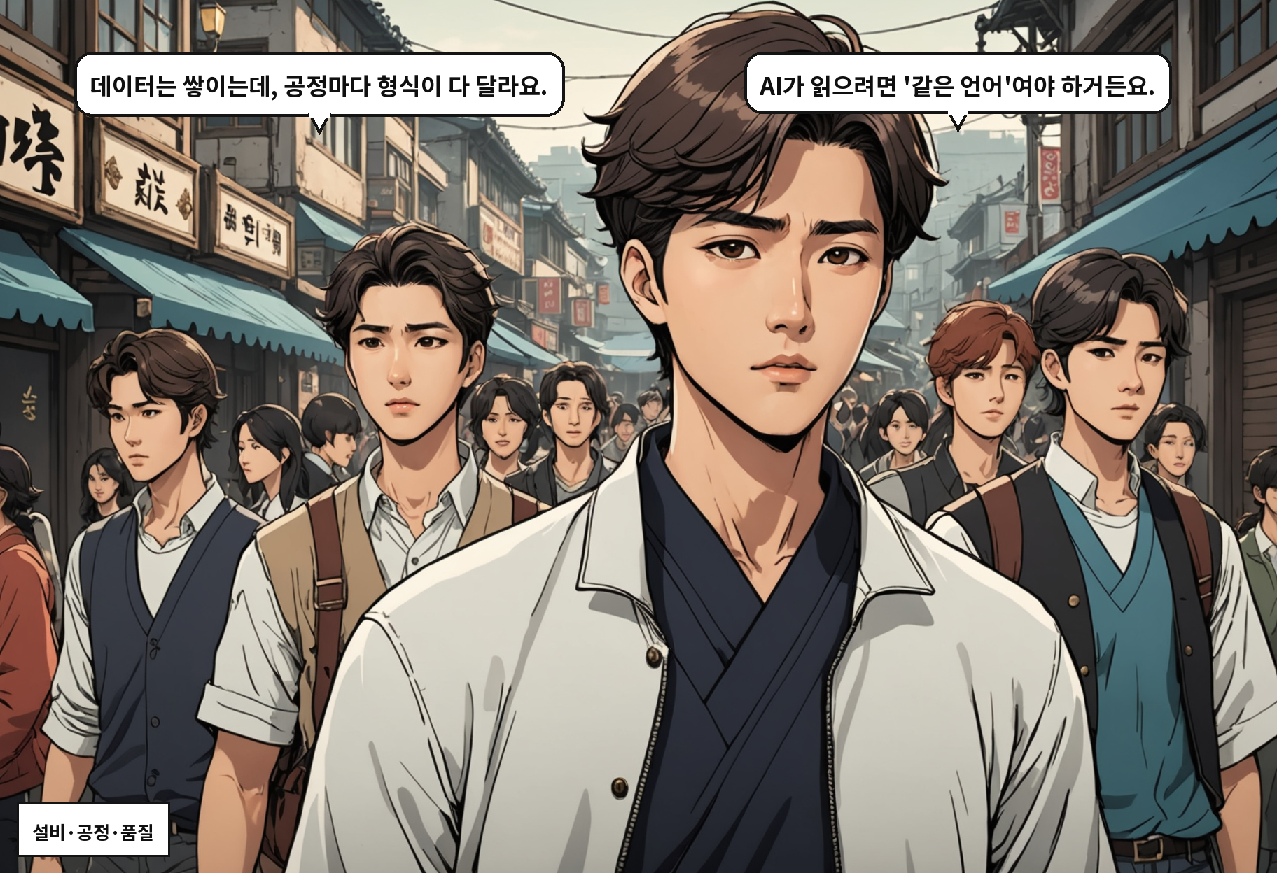 A: 데이터는 쌓이는데, 공정마다 형식이 다 달라요. B: AI가 읽으려면 '같은 언어'여야 하거든요.