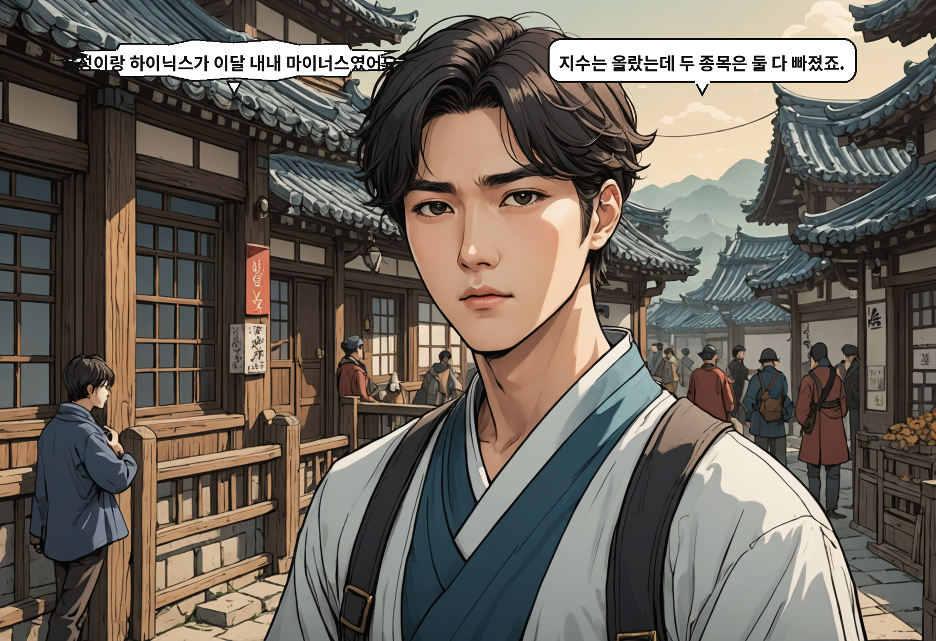 B: 삼성이랑 하이닉스가 이달 내내 마이너스였어요? A: 지수는 올랐는데 두 종목은 둘 다 빠졌죠.