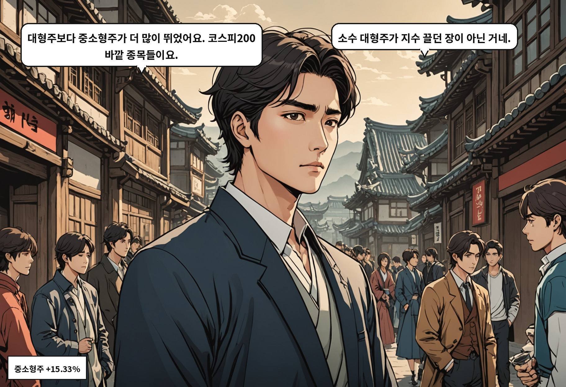 A: 대형주보다 중소형주가 더 많이 뛰었어요. 코스피200 바깥 종목들이요. B: 소수 대형주가 지수 끌던 장이 아닌 거네.