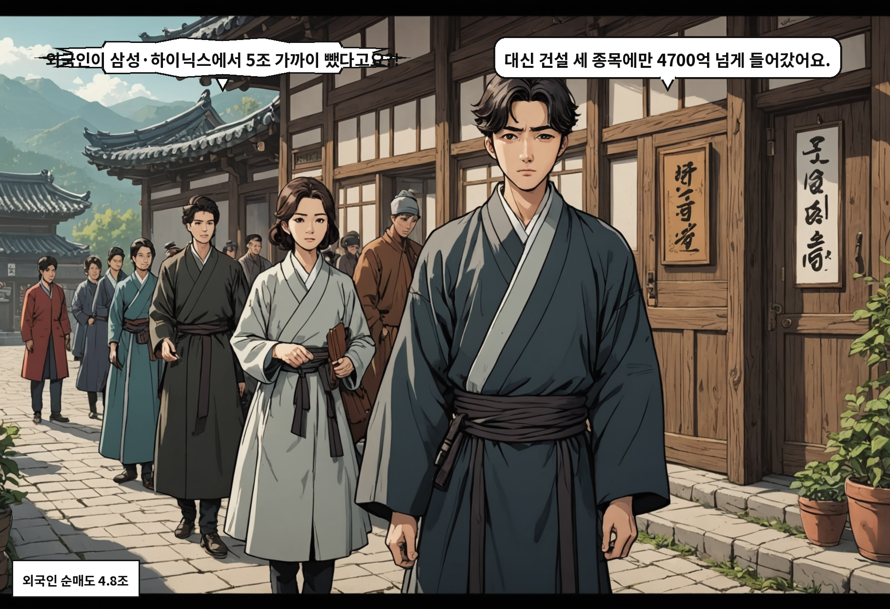 B: 외국인이 삼성·하이닉스에서 5조 가까이 뺐다고요?! A: 대신 건설 세 종목에만 4700억 넘게 들어갔어요.