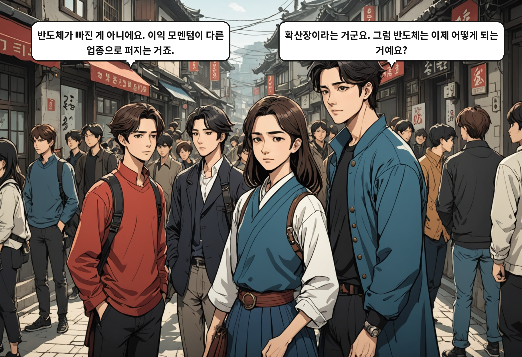A: 반도체가 빠진 게 아니에요. 이익 모멘텀이 다른 업종으로 퍼지는 거죠. B: 확산장이라는 거군요. 그럼 반도체는 이제 어떻게 되는 거예요?