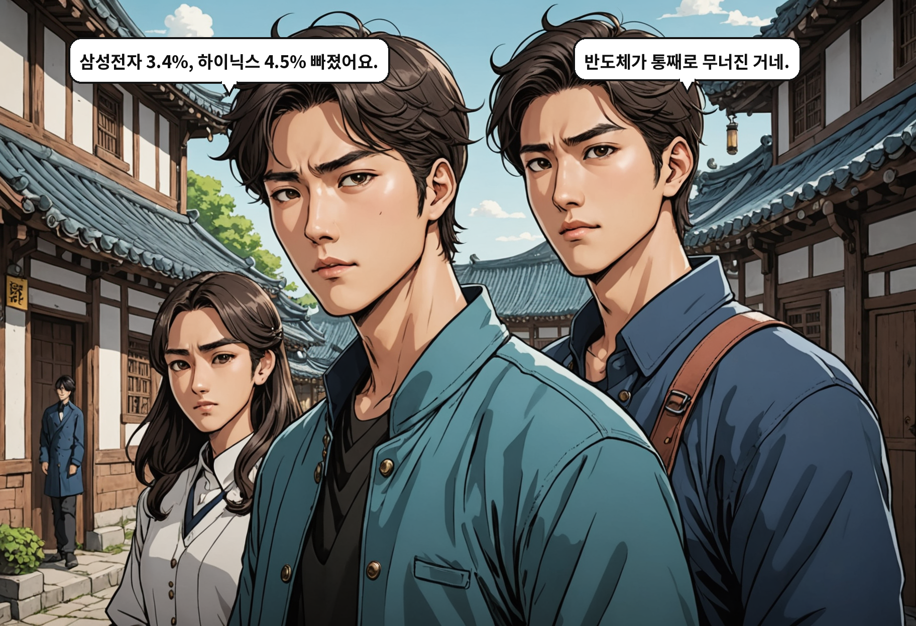 A: 삼성전자 3.4%, 하이닉스 4.5% 빠졌어요. B: 반도체가 통째로 무너진 거네.