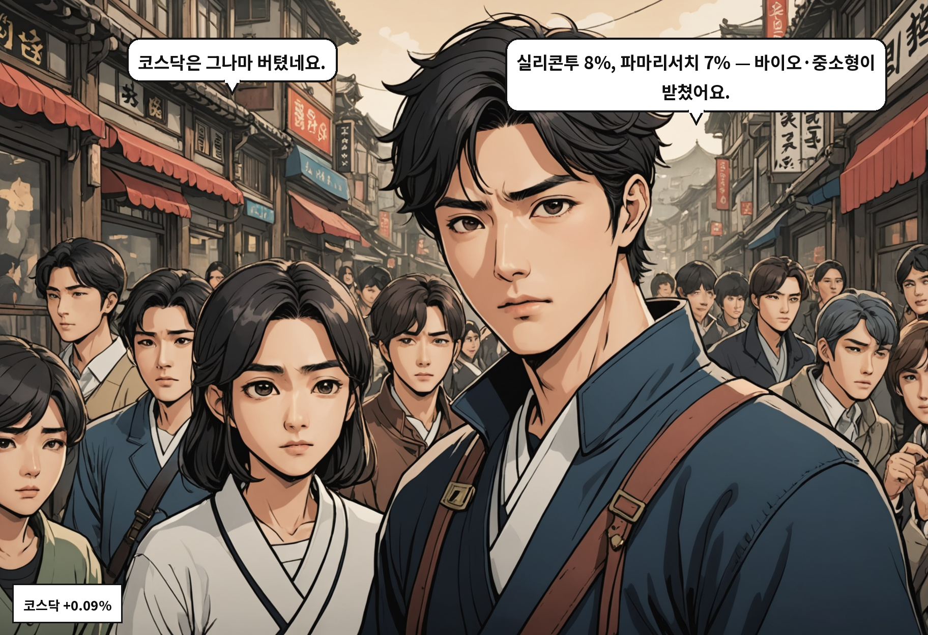 B: 코스닥은 그나마 버텼네요. A: 실리콘투 8%, 파마리서치 7% — 바이오·중소형이 받쳤어요.