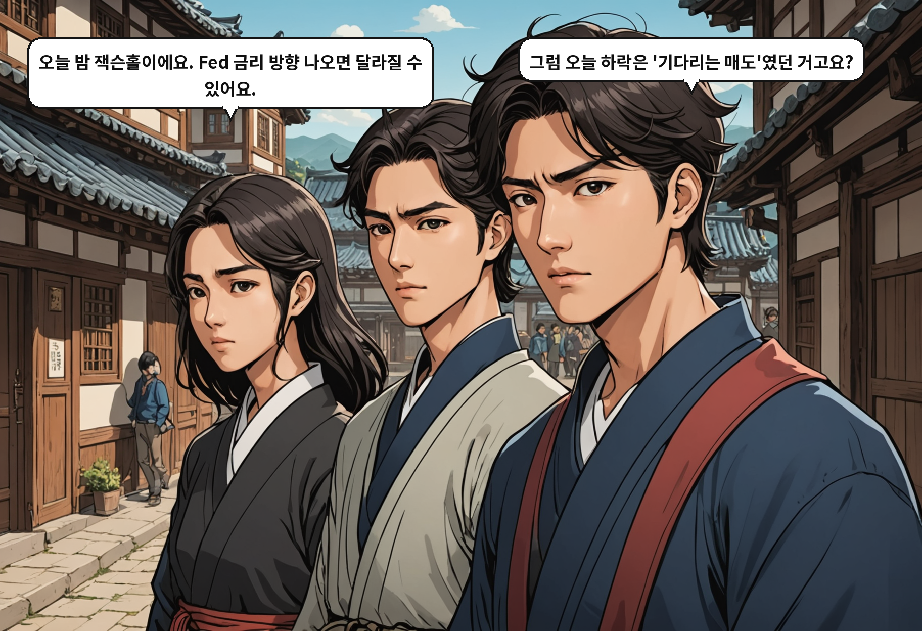 A: 오늘 밤 잭슨홀이에요. Fed 금리 방향 나오면 달라질 수 있어요. B: 그럼 오늘 하락은 '기다리는 매도'였던 거고요?