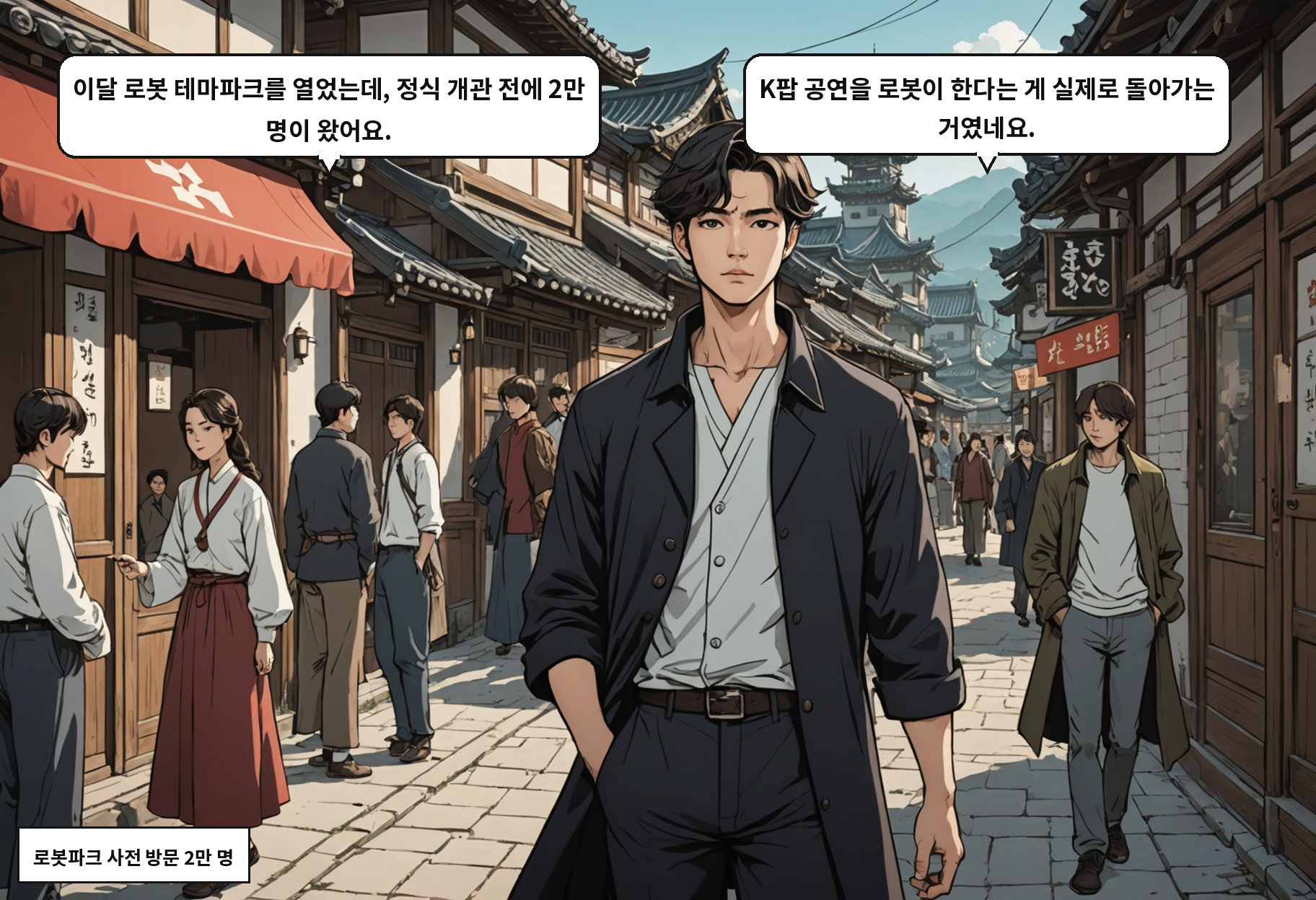 A: 이달 로봇 테마파크를 열었는데, 정식 개관 전에 2만 명이 왔어요. B: K팝 공연을 로봇이 한다는 게 실제로 돌아가는 거였네요.