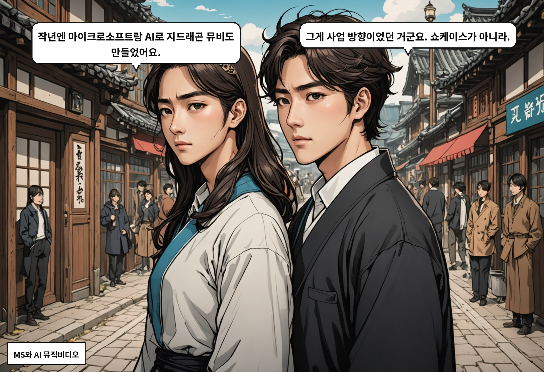 A: 작년엔 마이크로소프트랑 AI로 지드래곤 뮤비도 만들었어요. B: 그게 사업 방향이었던 거군요. 쇼케이스가 아니라.