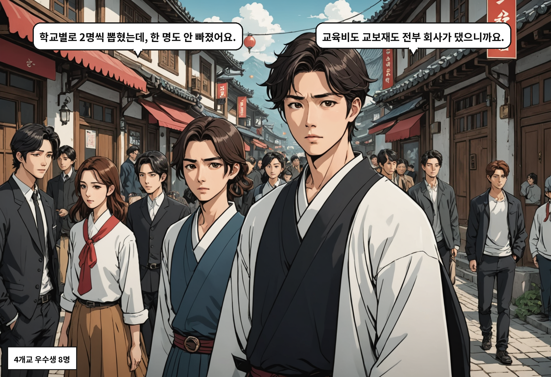 A: 학교별로 2명씩 뽑혔는데, 한 명도 안 빠졌어요. B: 교육비도 교보재도 전부 회사가 댔으니까요.