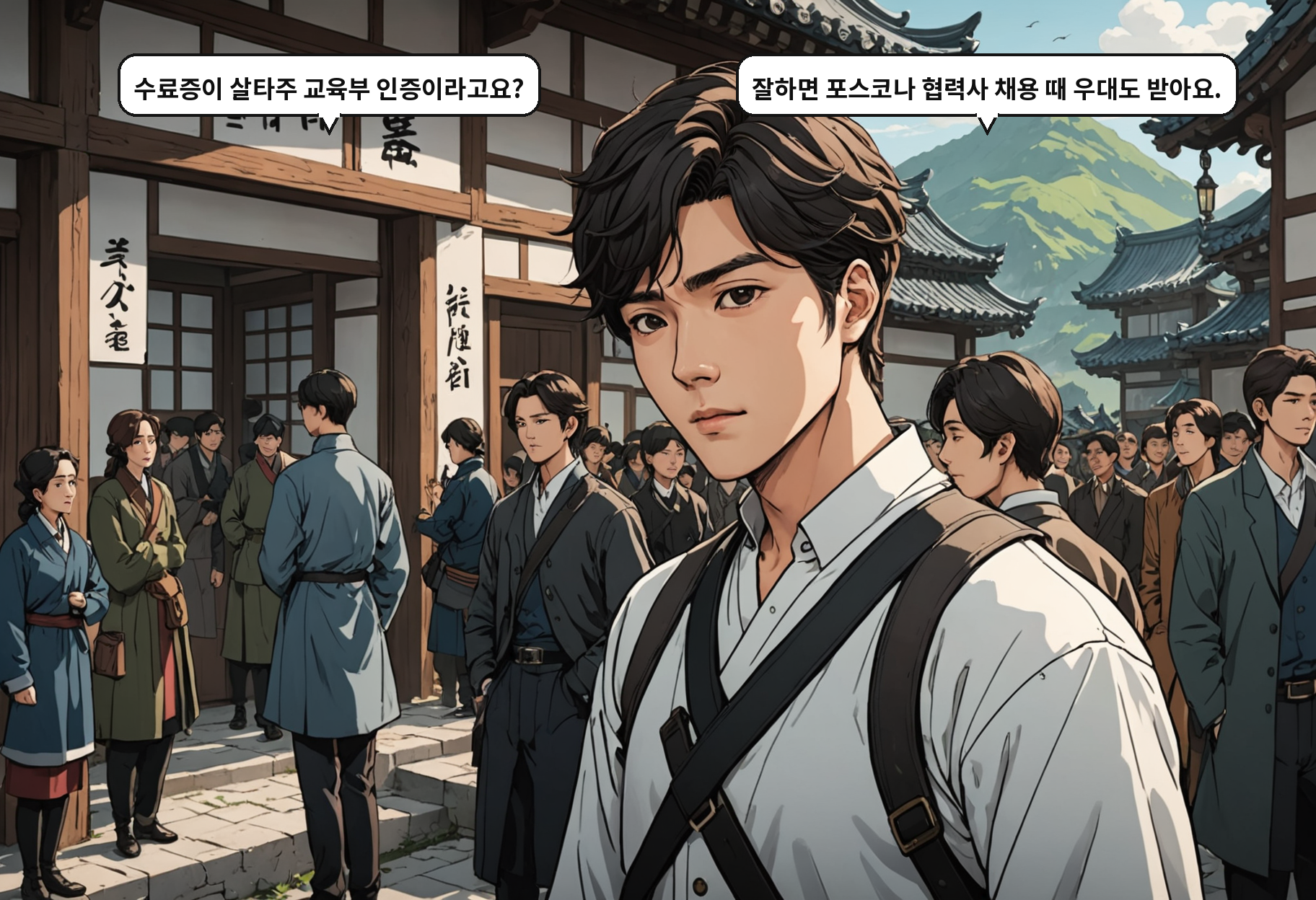 A: 수료증이 살타주 교육부 인증이라고요? B: 잘하면 포스코나 협력사 채용 때 우대도 받아요.