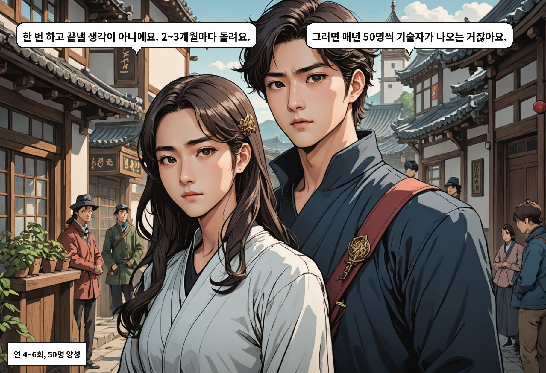 B: 한 번 하고 끝낼 생각이 아니에요. 2~3개월마다 돌려요. A: 그러면 매년 50명씩 기술자가 나오는 거잖아요.