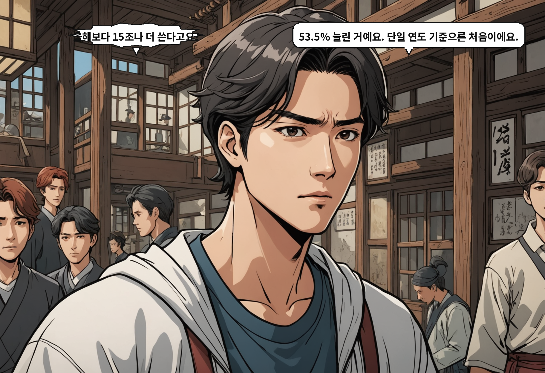 A: 올해보다 15조나 더 쓴다고요? B: 53.5% 늘린 거예요. 단일 연도 기준으론 처음이에요.