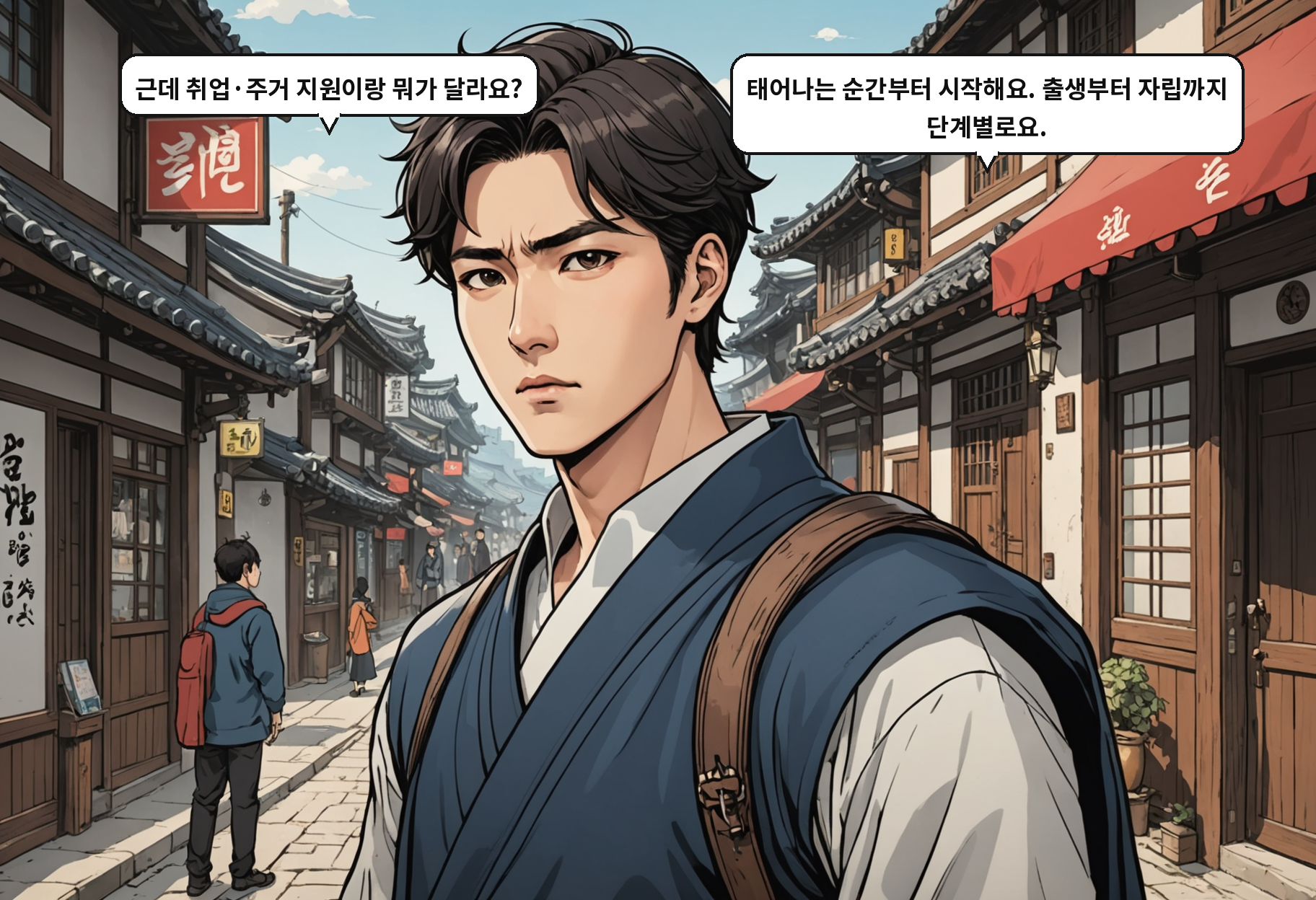 A: 근데 취업·주거 지원이랑 뭐가 달라요? B: 태어나는 순간부터 시작해요. 출생부터 자립까지 단계별로요.