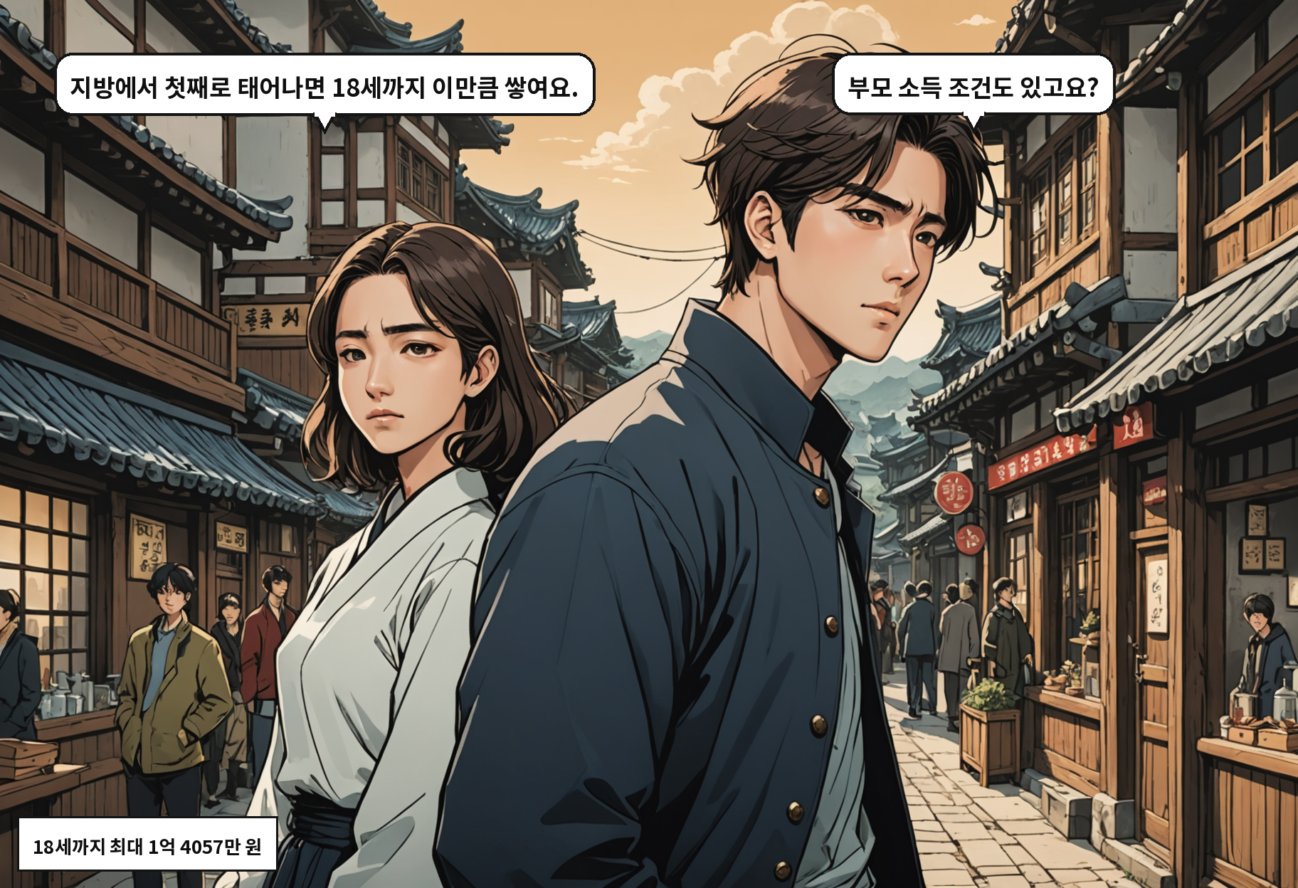 B: 지방에서 첫째로 태어나면 18세까지 이만큼 쌓여요. A: 부모 소득 조건도 있고요?
