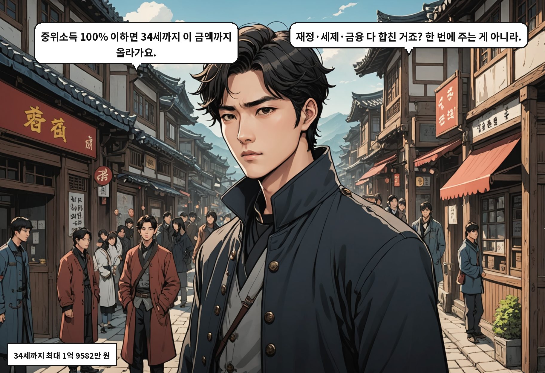 B: 중위소득 100% 이하면 34세까지 이 금액까지 올라가요. A: 재정·세제·금융 다 합친 거죠? 한 번에 주는 게 아니라.