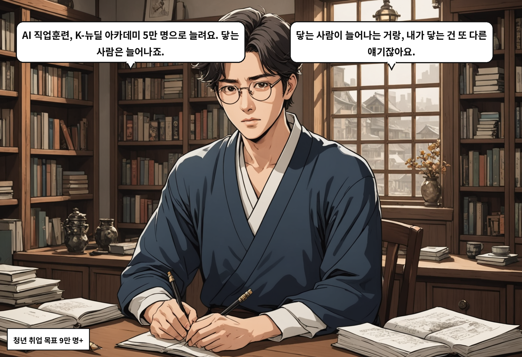 B: AI 직업훈련, K-뉴딜 아카데미 5만 명으로 늘려요. 닿는 사람은 늘어나죠. A: 닿는 사람이 늘어나는 거랑, 내가 닿는 건 또 다른 얘기잖아요.