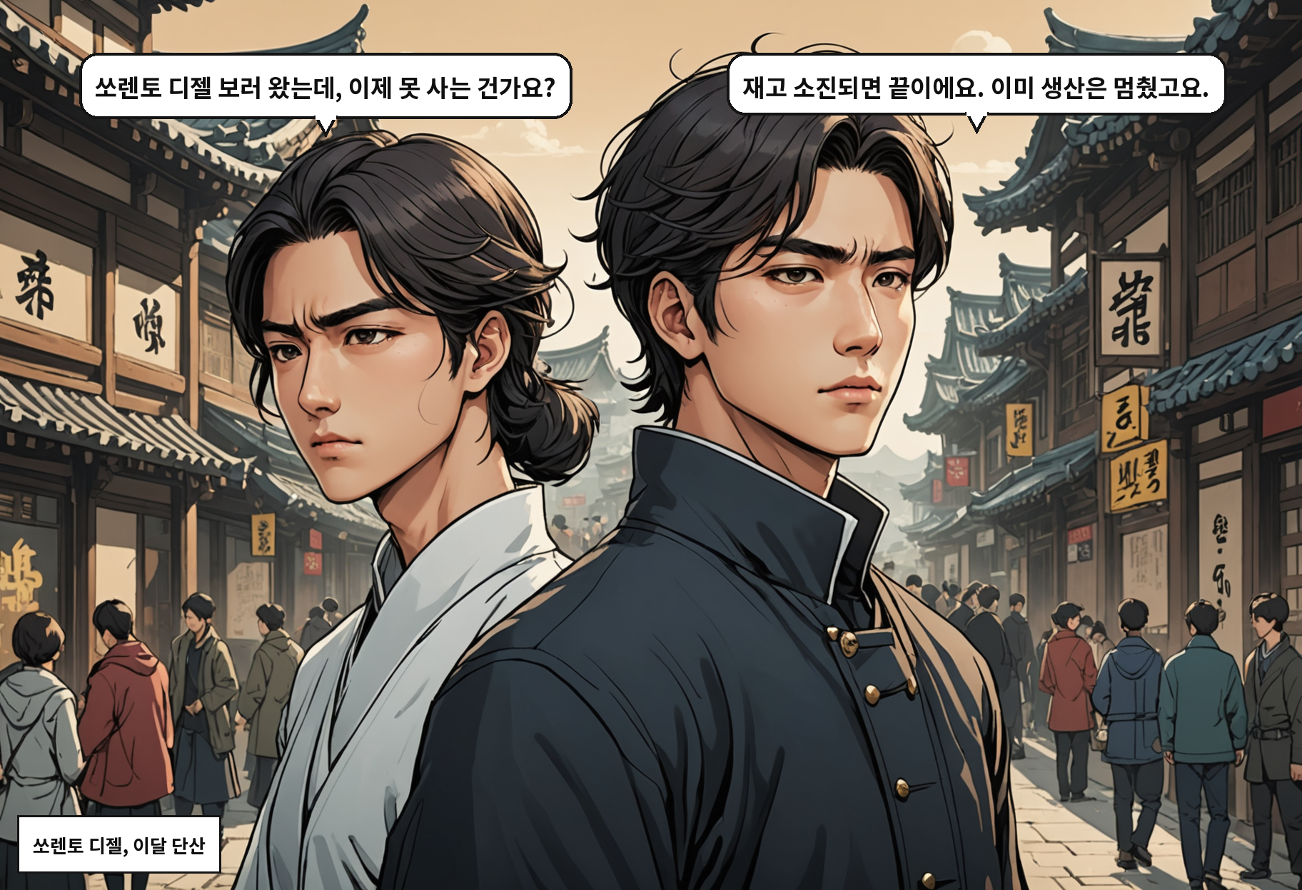 B: 쏘렌토 디젤 보러 왔는데, 이제 못 사는 건가요? A: 재고 소진되면 끝이에요. 이미 생산은 멈췄고요.