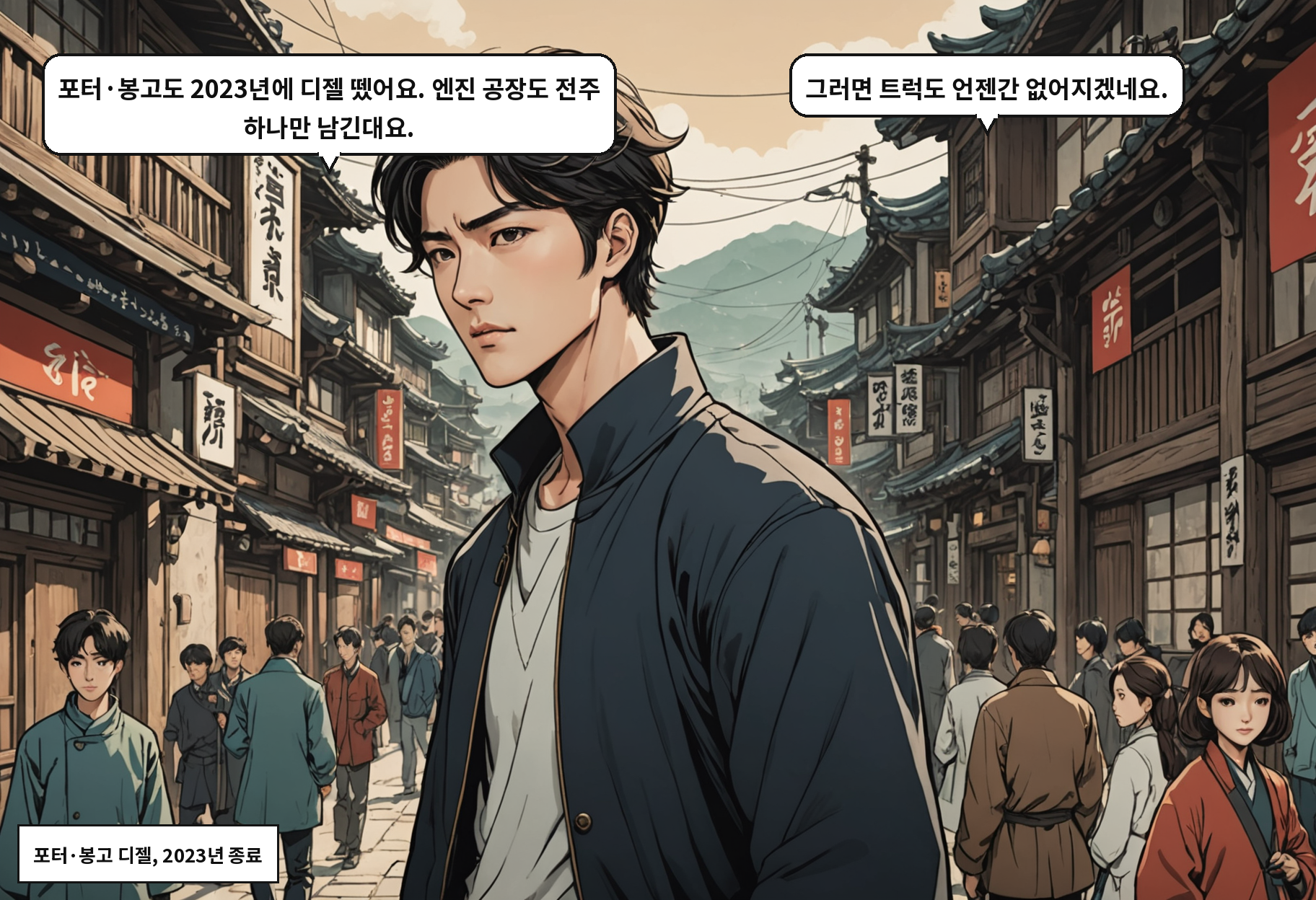 A: 포터·봉고도 2023년에 디젤 뗐어요. 엔진 공장도 전주 하나만 남긴대요. B: 그러면 트럭도 언젠간 없어지겠네요.
