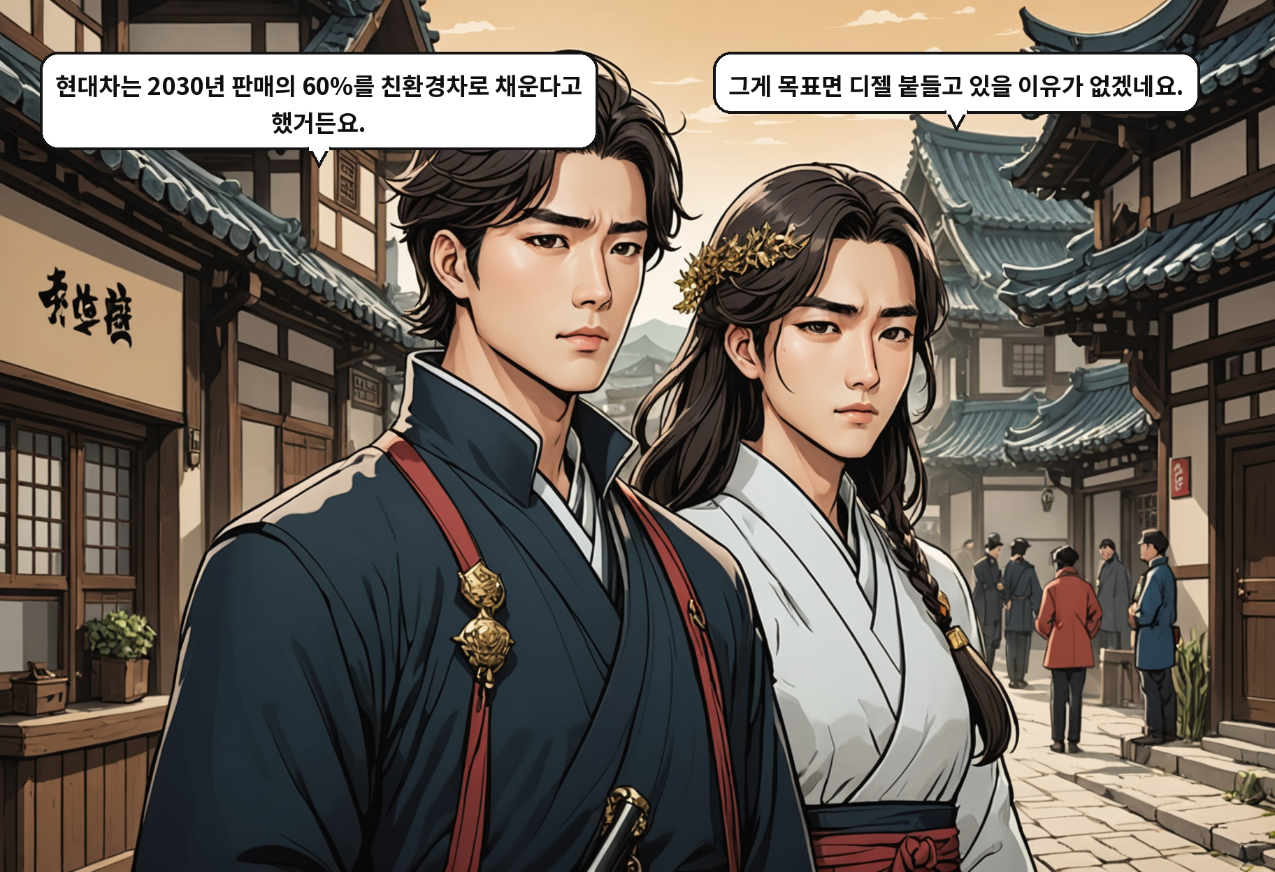A: 현대차는 2030년 판매의 60%를 친환경차로 채운다고 했거든요. B: 그게 목표면 디젤 붙들고 있을 이유가 없겠네요.
