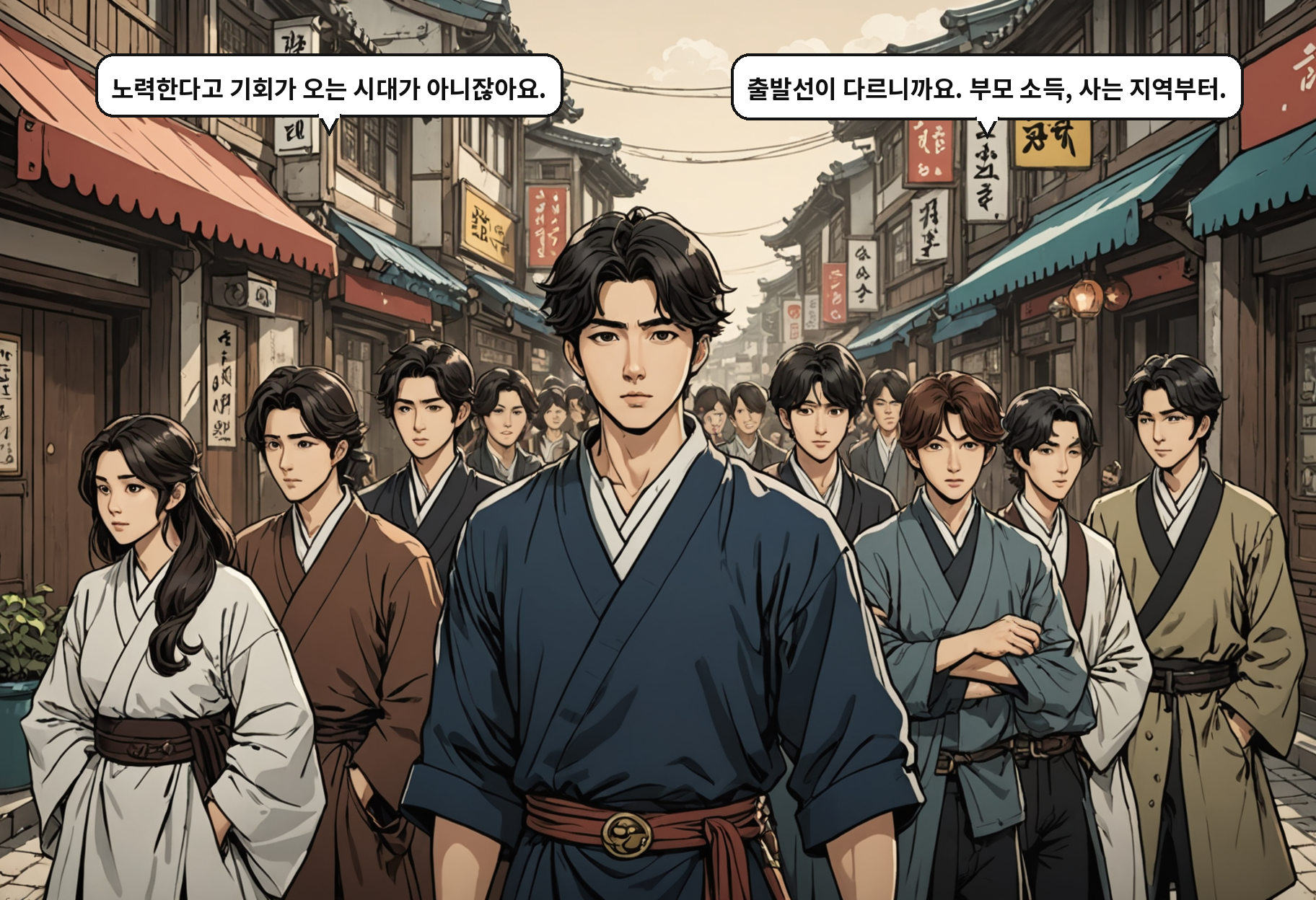 A: 노력한다고 기회가 오는 시대가 아니잖아요. B: 출발선이 다르니까요. 부모 소득, 사는 지역부터.