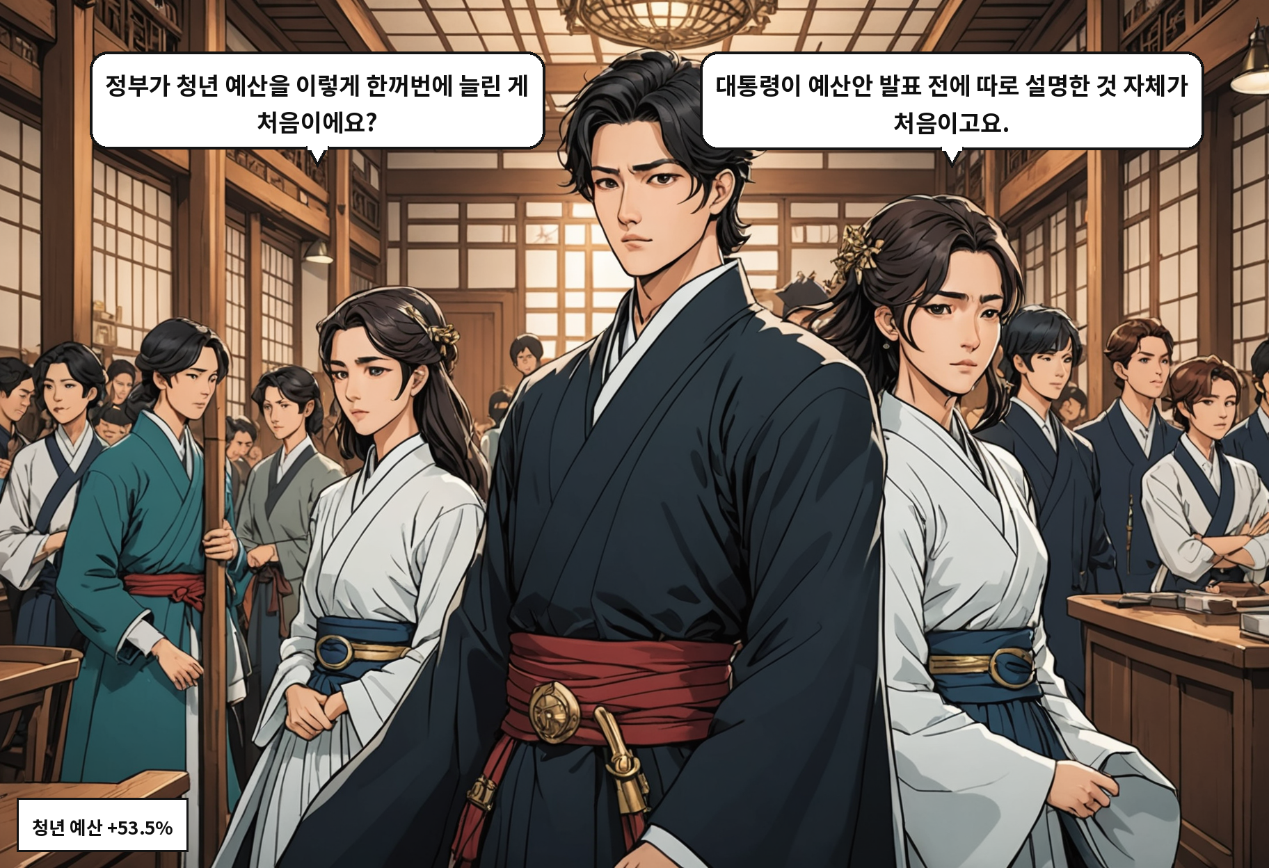 A: 정부가 청년 예산을 이렇게 한꺼번에 늘린 게 처음이에요? B: 대통령이 예산안 발표 전에 따로 설명한 것 자체가 처음이고요.