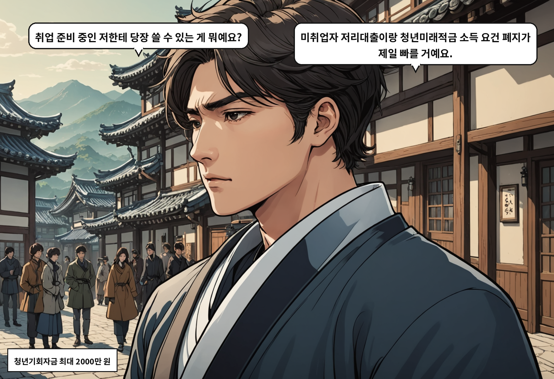 A: 취업 준비 중인 저한테 당장 쓸 수 있는 게 뭐예요? B: 미취업자 저리대출이랑 청년미래적금 소득 요건 폐지가 제일 빠를 거예요.