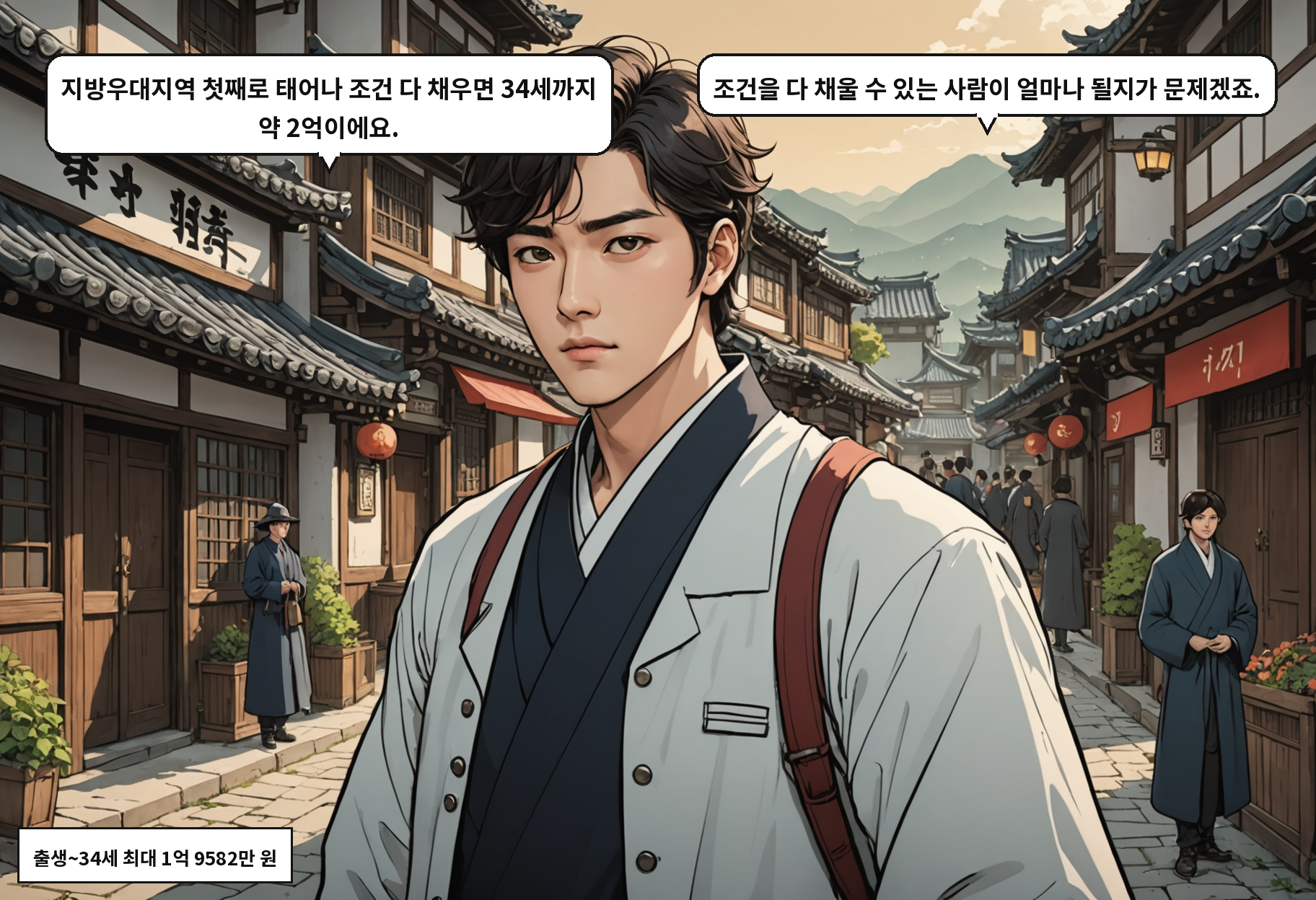 B: 지방우대지역 첫째로 태어나 조건 다 채우면 34세까지 약 2억이에요. A: 조건을 다 채울 수 있는 사람이 얼마나 될지가 문제겠죠.