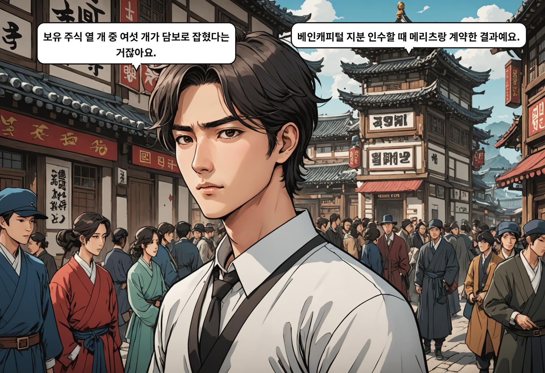 B: 보유 주식 열 개 중 여섯 개가 담보로 잡혔다는 거잖아요. A: 베인캐피털 지분 인수할 때 메리츠랑 계약한 결과예요.