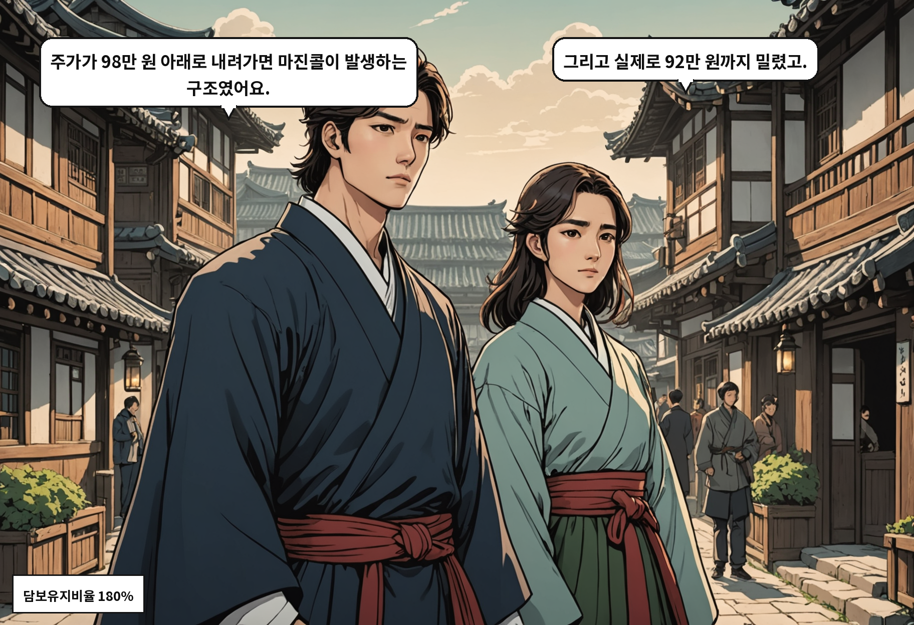 A: 주가가 98만 원 아래로 내려가면 마진콜이 발생하는 구조였어요. B: 그리고 실제로 92만 원까지 밀렸고.