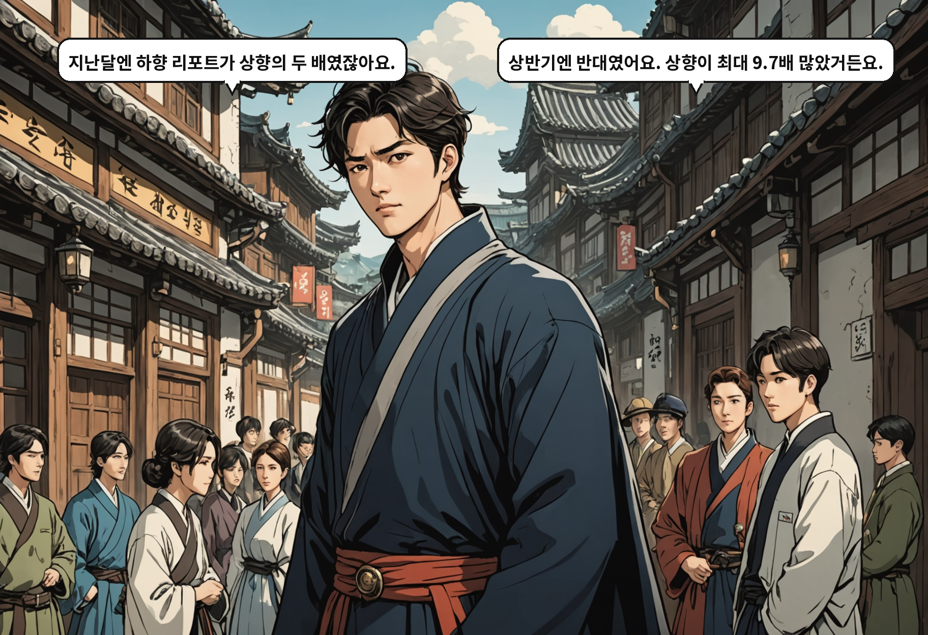 B: 지난달엔 하향 리포트가 상향의 두 배였잖아요. A: 상반기엔 반대였어요. 상향이 최대 9.7배 많았거든요.