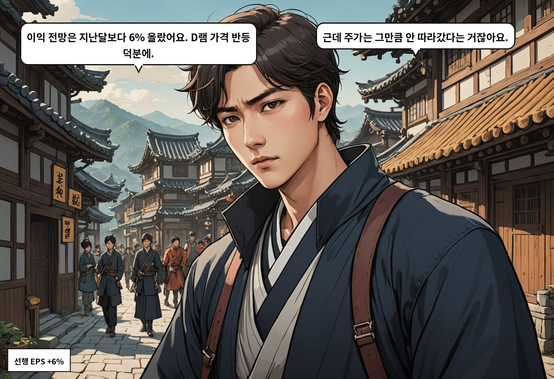 A: 이익 전망은 지난달보다 6% 올랐어요. D램 가격 반등 덕분에. B: 근데 주가는 그만큼 안 따라갔다는 거잖아요.