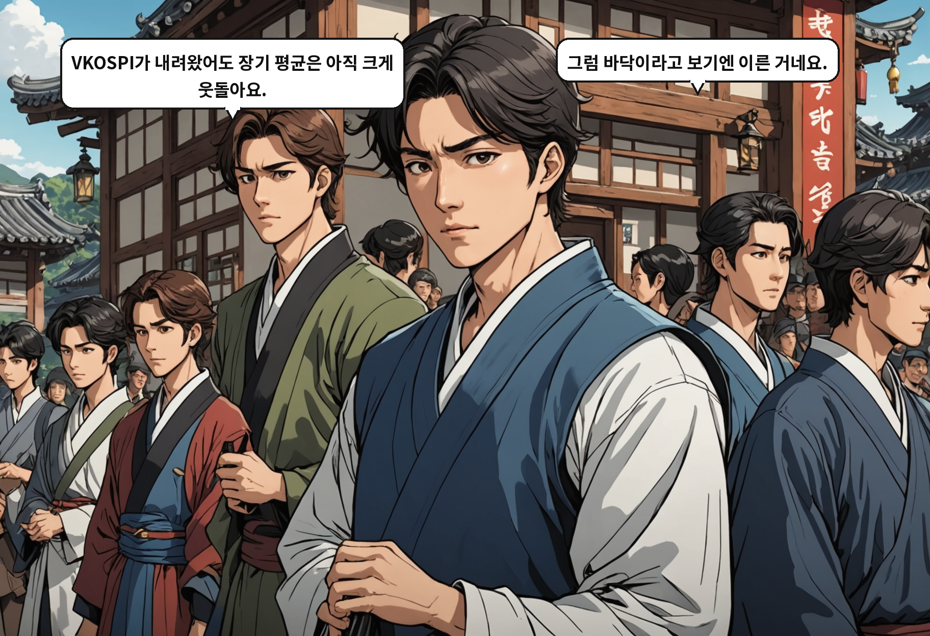 A: VKOSPI가 내려왔어도 장기 평균은 아직 크게 웃돌아요. B: 그럼 바닥이라고 보기엔 이른 거네요.
