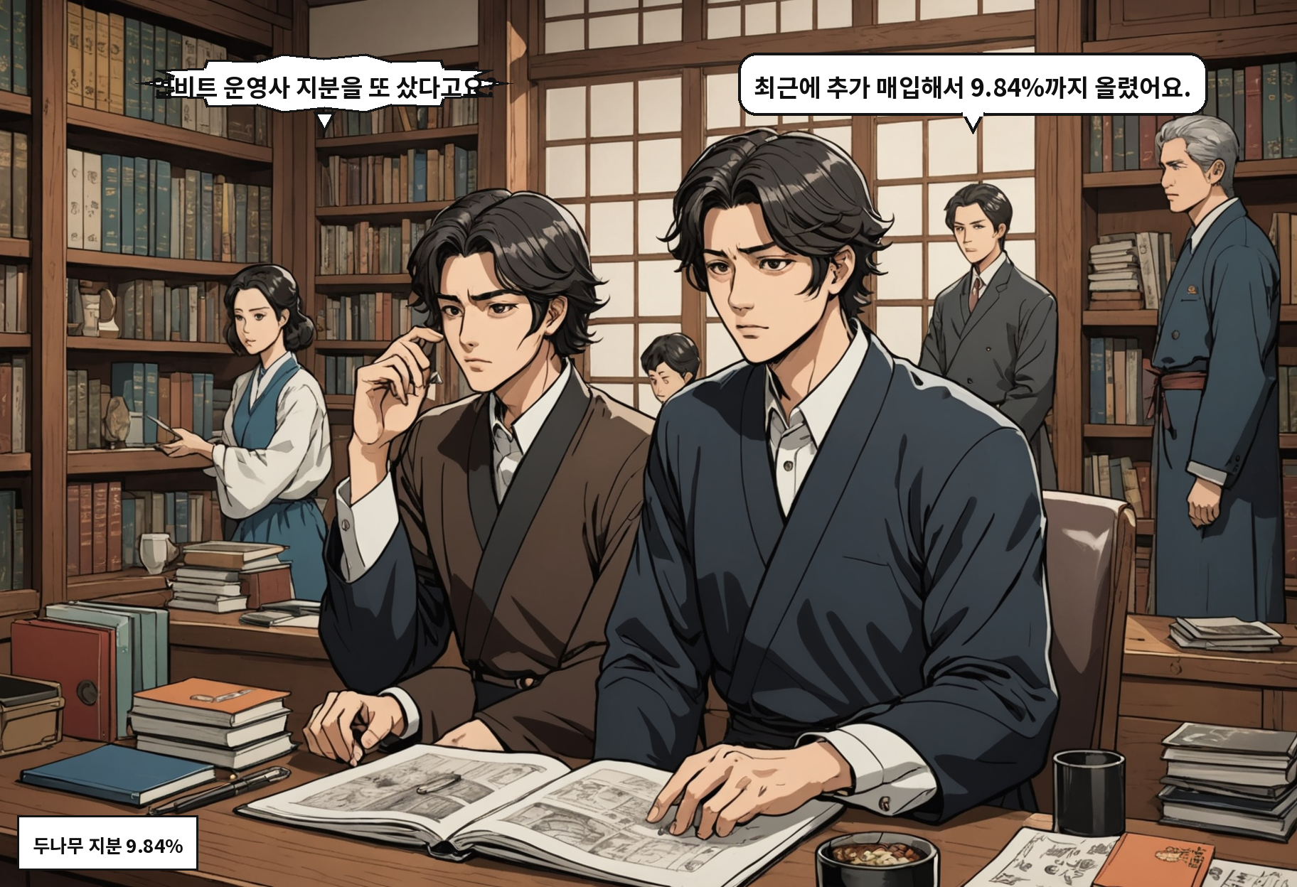 B: 업비트 운영사 지분을 또 샀다고요? A: 최근에 추가 매입해서 9.84%까지 올렸어요.