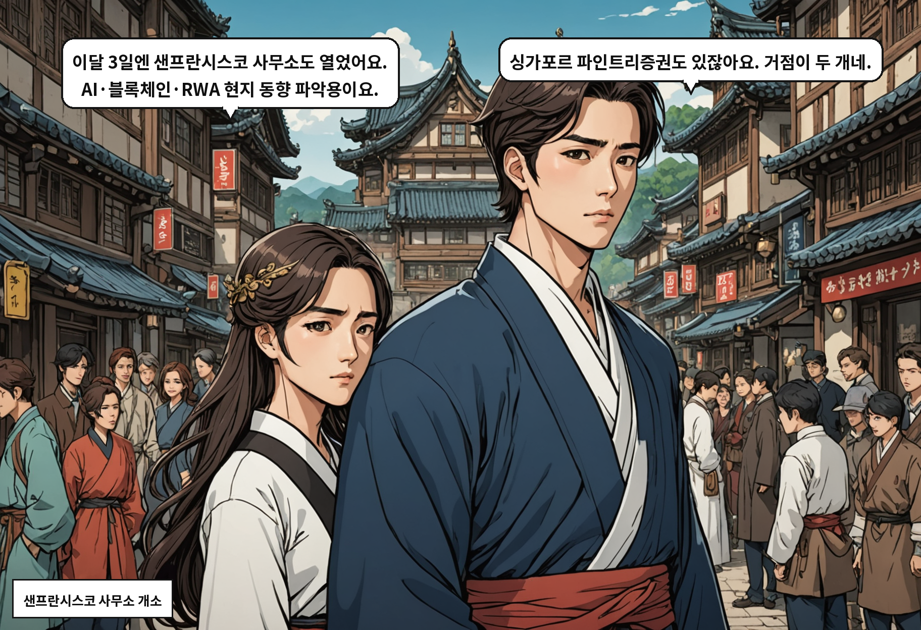 A: 이달 3일엔 샌프란시스코 사무소도 열었어요. AI·블록체인·RWA 현지 동향 파악용이요. B: 싱가포르 파인트리증권도 있잖아요. 거점이 두 개네.