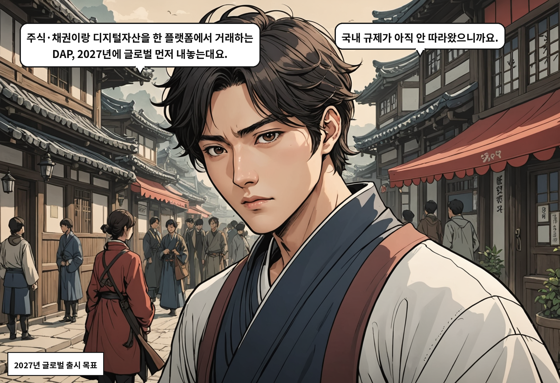 A: 주식·채권이랑 디지털자산을 한 플랫폼에서 거래하는 DAP, 2027년에 글로벌 먼저 내놓는대요. B: 국내 규제가 아직 안 따라왔으니까요.