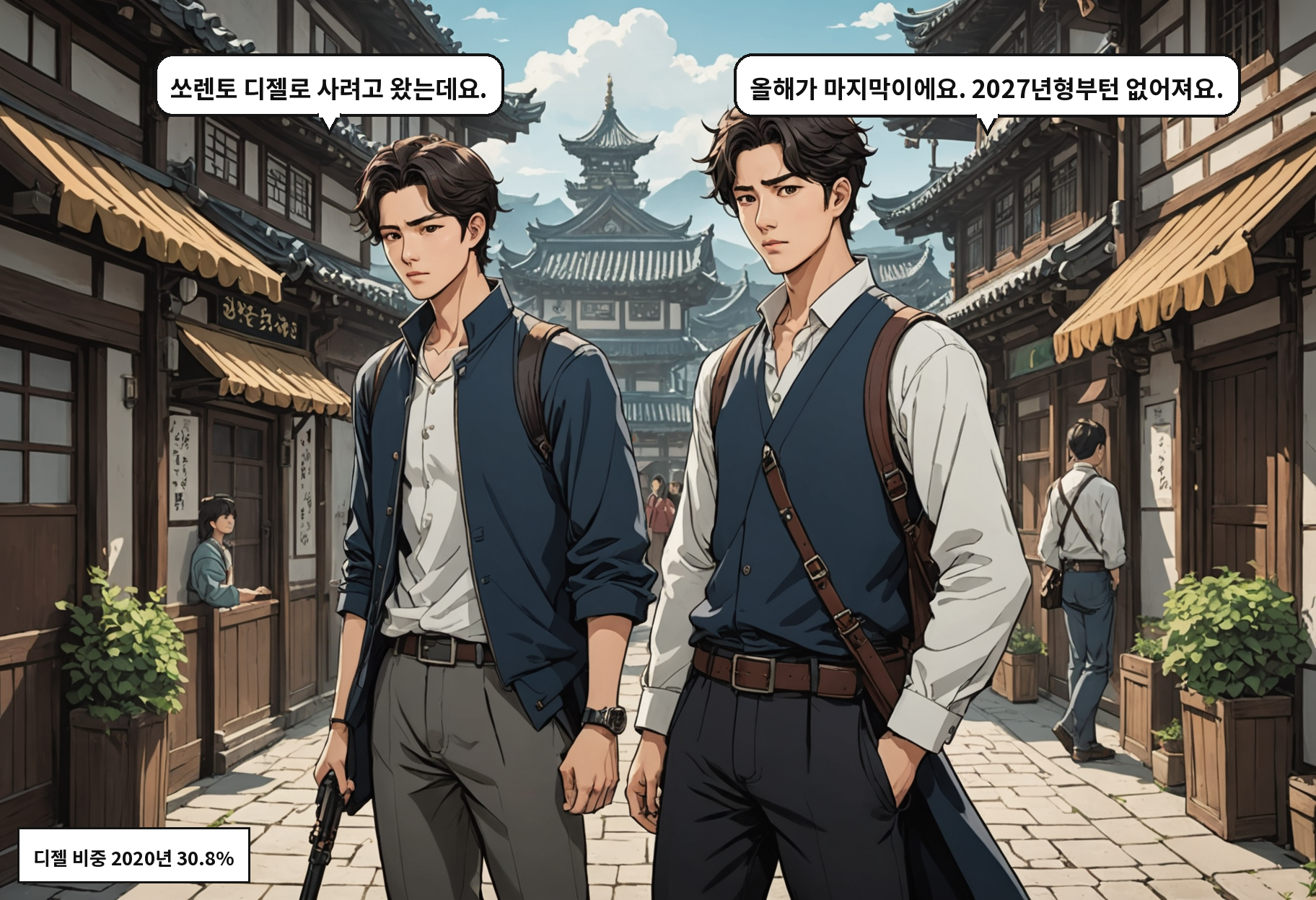 B: 쏘렌토 디젤로 사려고 왔는데요. A: 올해가 마지막이에요. 2027년형부턴 없어져요.