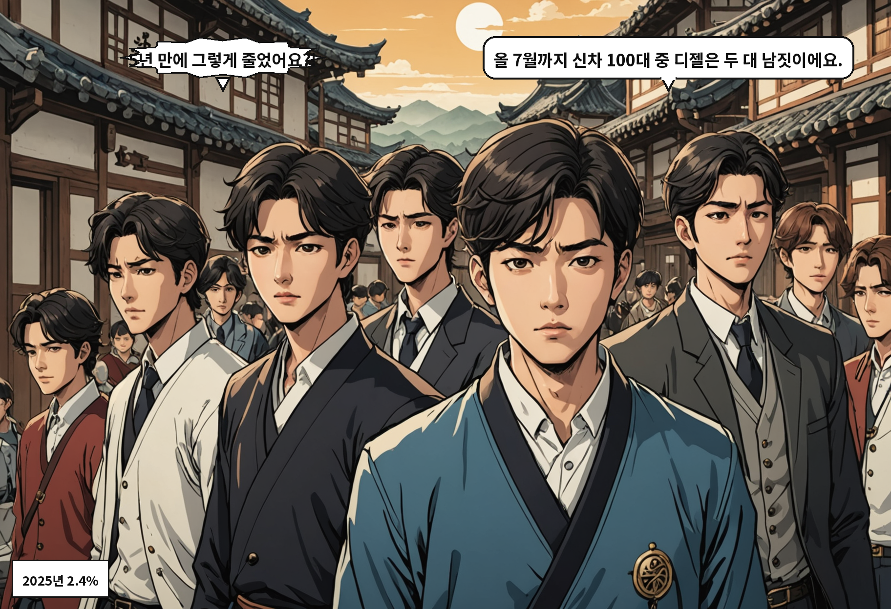 B: 5년 만에 그렇게 줄었어요?! A: 올 7월까지 신차 100대 중 디젤은 두 대 남짓이에요.