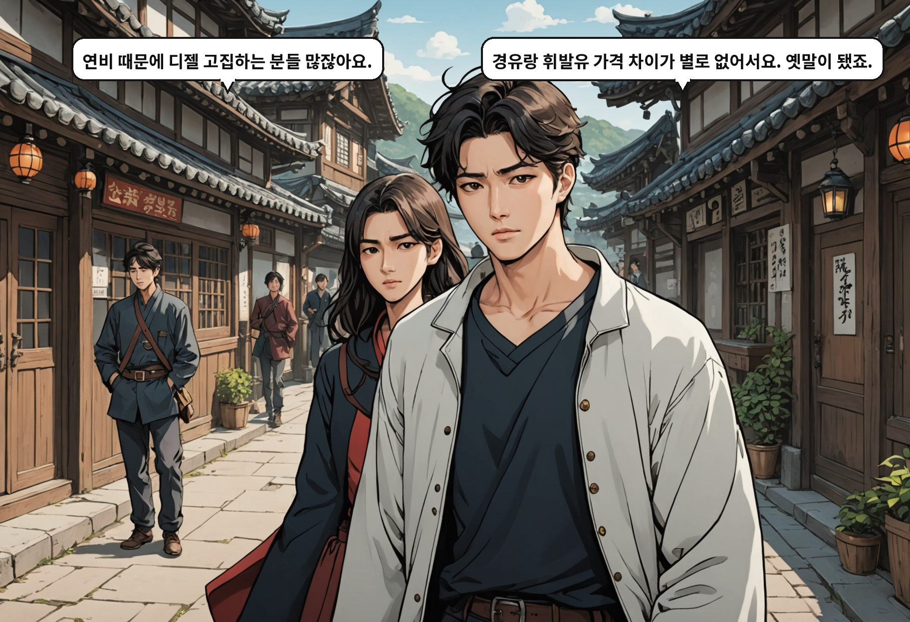 B: 연비 때문에 디젤 고집하는 분들 많잖아요. A: 경유랑 휘발유 가격 차이가 별로 없어서요. 옛말이 됐죠.