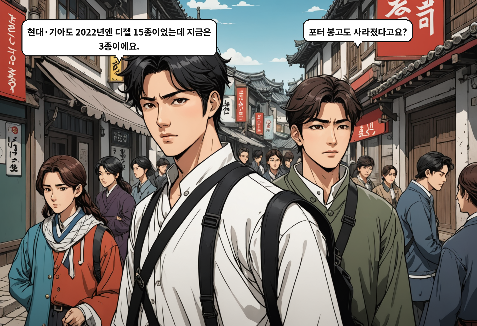 A: 현대·기아도 2022년엔 디젤 15종이었는데 지금은 3종이에요. B: 포터 봉고도 사라졌다고요?
