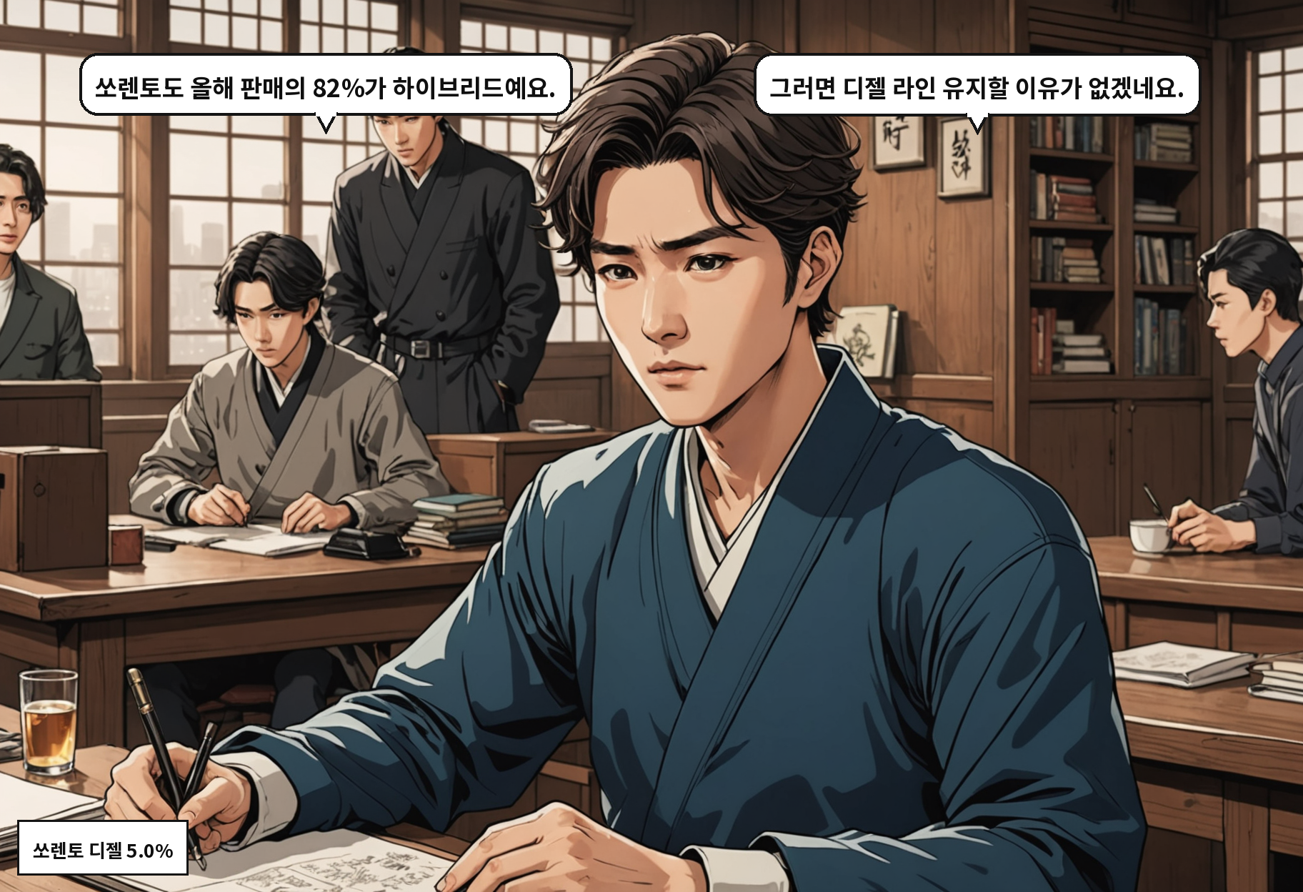 A: 쏘렌토도 올해 판매의 82%가 하이브리드예요. B: 그러면 디젤 라인 유지할 이유가 없겠네요.