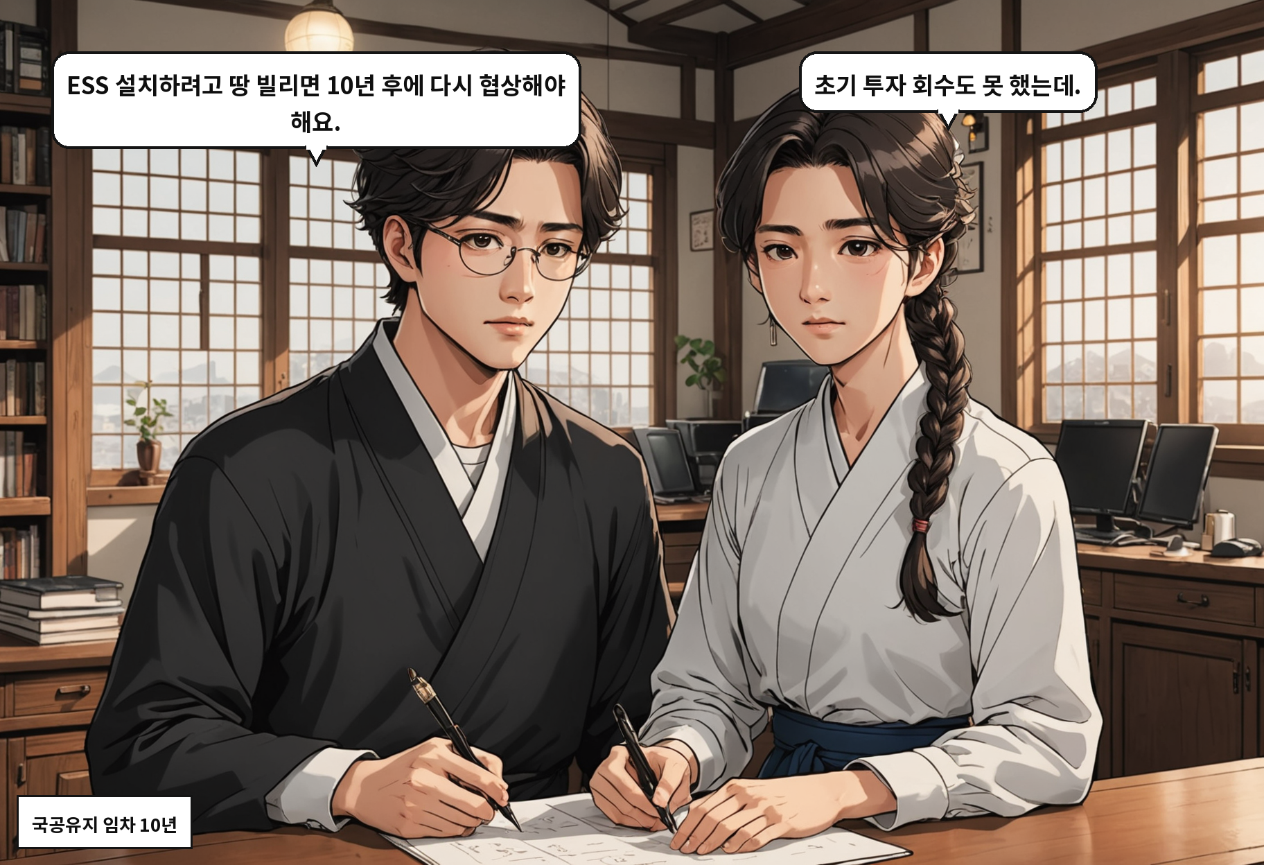 A: ESS 설치하려고 땅 빌리면 10년 후에 다시 협상해야 해요. B: 초기 투자 회수도 못 했는데.