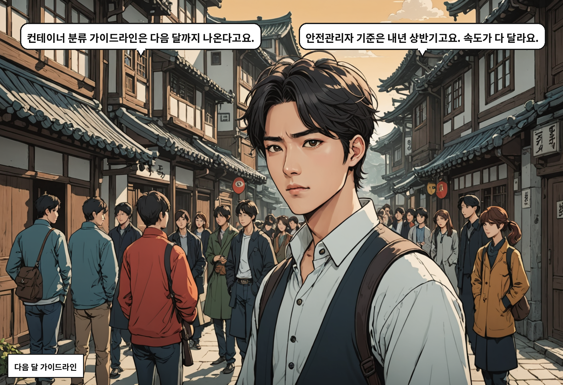 A: 컨테이너 분류 가이드라인은 다음 달까지 나온다고요. B: 안전관리자 기준은 내년 상반기고요. 속도가 다 달라요.