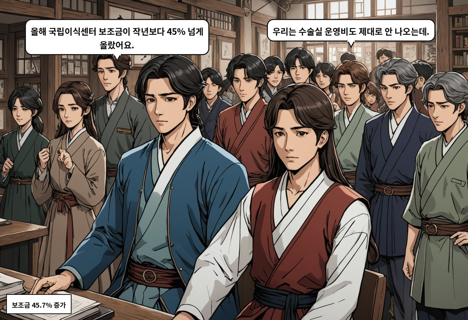 B: 올해 국립이식센터 보조금이 작년보다 45% 넘게 올랐어요. A: 우리는 수술실 운영비도 제대로 안 나오는데.