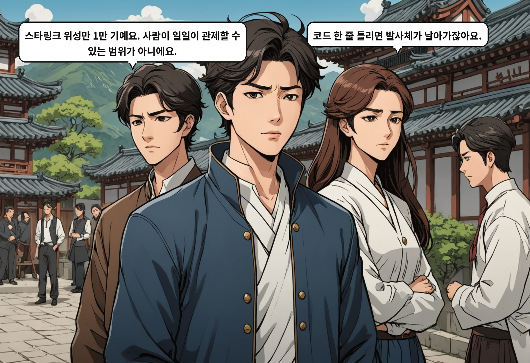 A: 스타링크 위성만 1만 기예요. 사람이 일일이 관제할 수 있는 범위가 아니에요. B: 코드 한 줄 틀리면 발사체가 날아가잖아요.