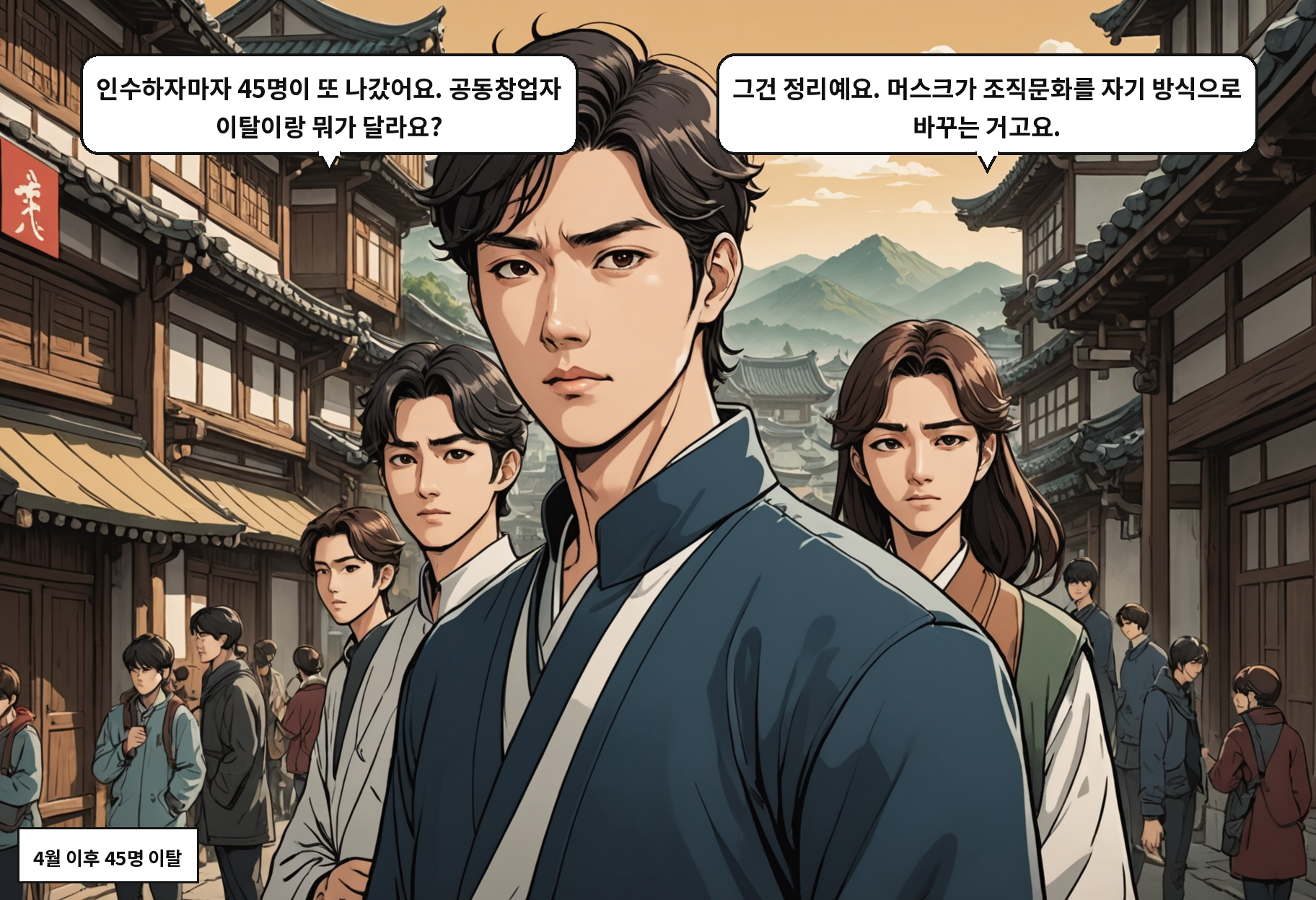 B: 인수하자마자 45명이 또 나갔어요. 공동창업자 이탈이랑 뭐가 달라요? A: 그건 정리예요. 머스크가 조직문화를 자기 방식으로 바꾸는 거고요.