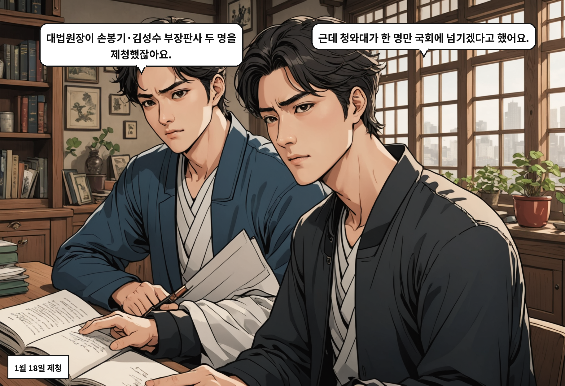 A: 대법원장이 손봉기·김성수 부장판사 두 명을 제청했잖아요. B: 근데 청와대가 한 명만 국회에 넘기겠다고 했어요.
