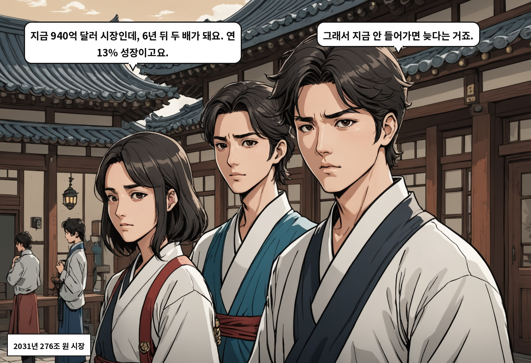 A: 지금 940억 달러 시장인데, 6년 뒤 두 배가 돼요. 연 13% 성장이고요. B: 그래서 지금 안 들어가면 늦다는 거죠.