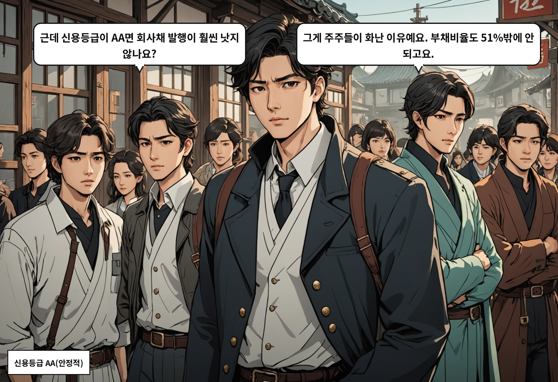 B: 근데 신용등급이 AA면 회사채 발행이 훨씬 낫지 않나요? A: 그게 주주들이 화난 이유예요. 부채비율도 51%밖에 안 되고요.