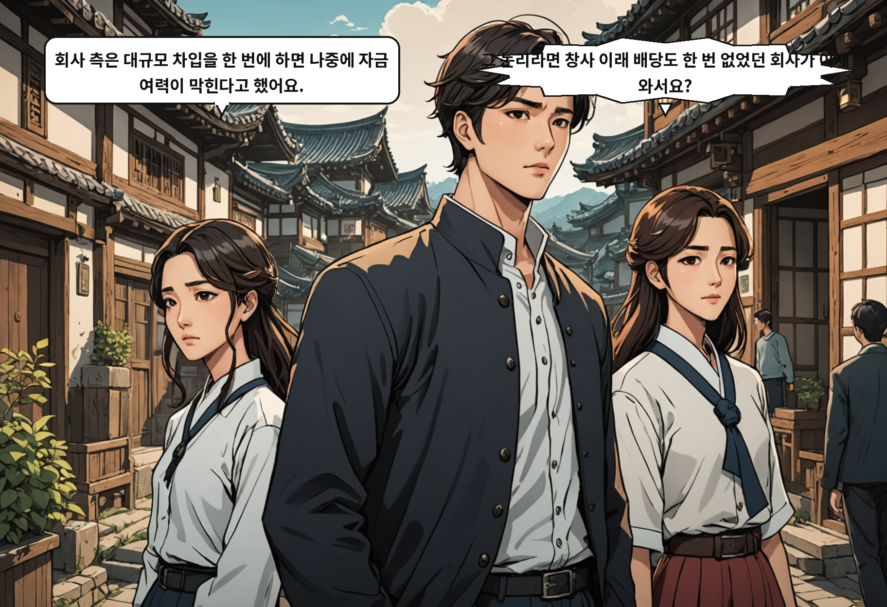 A: 회사 측은 대규모 차입을 한 번에 하면 나중에 자금 여력이 막힌다고 했어요. B: 그 논리라면 창사 이래 배당도 한 번 없었던 회사가 이제 와서요?