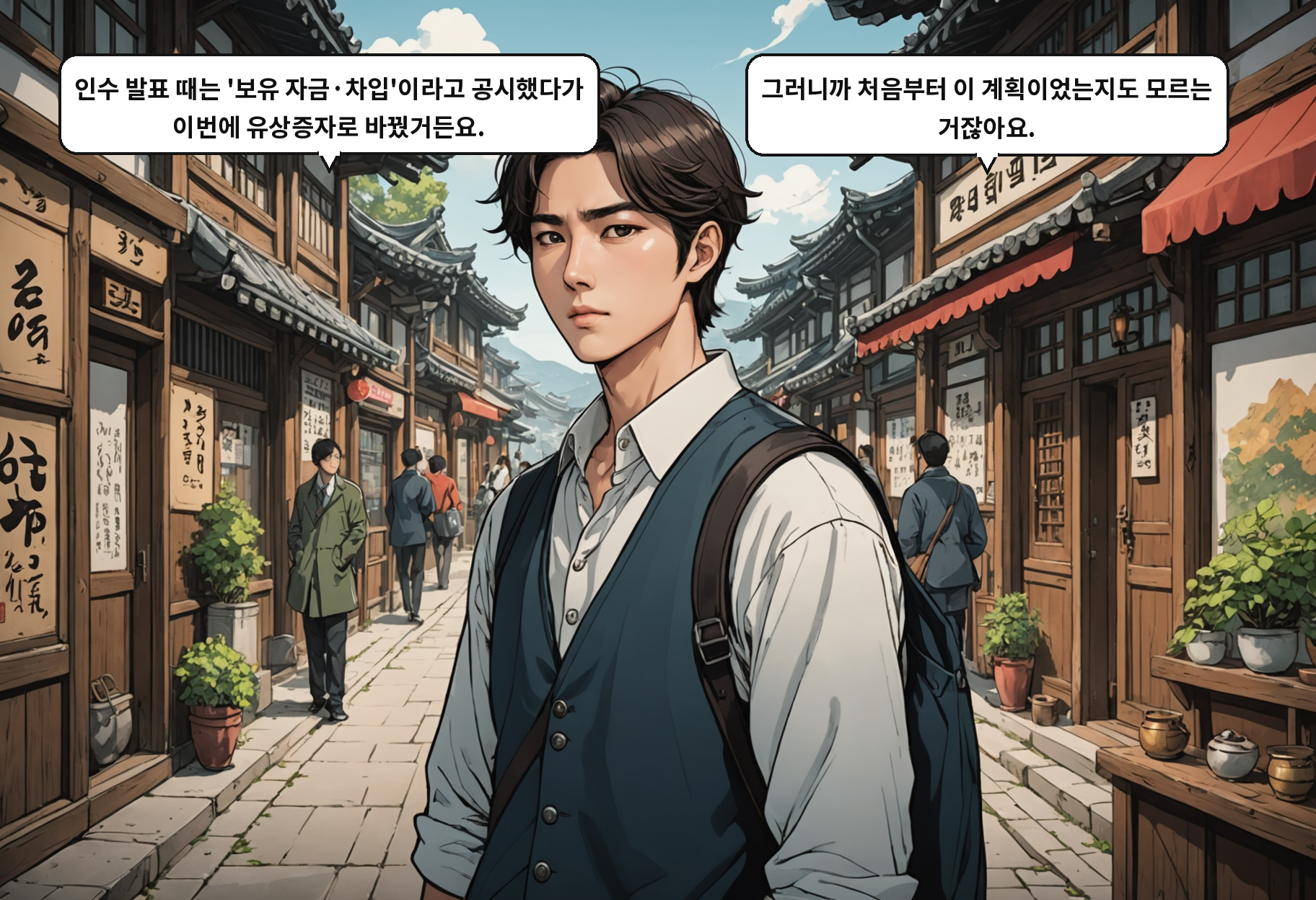 A: 인수 발표 때는 '보유 자금·차입'이라고 공시했다가 이번에 유상증자로 바꿨거든요. B: 그러니까 처음부터 이 계획이었는지도 모르는 거잖아요.